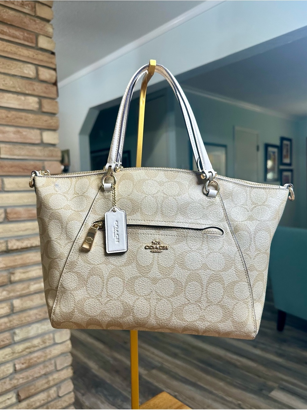 Coach Prairie Tan Signature Tote Bag in Coated Canvas with Leather Trim
